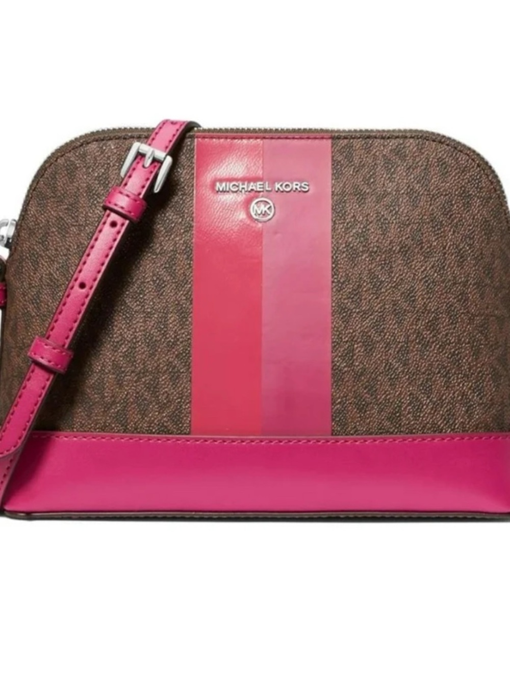 Michael Kors Jet Set Dome Signature Logo Crossbody with Pink Stripe Accents